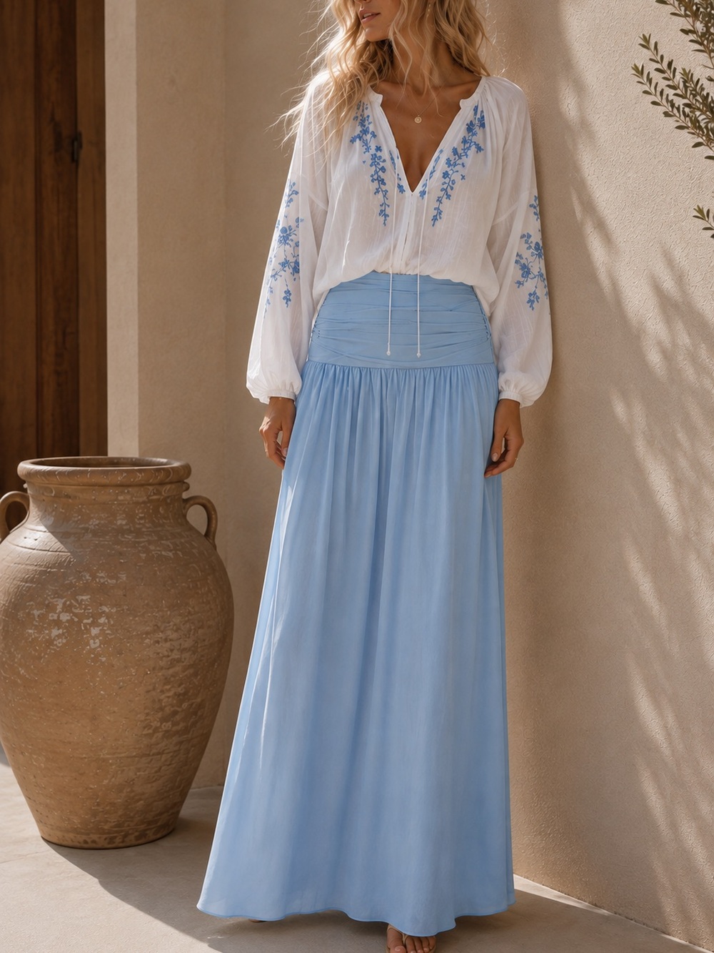 Light Blue High-Waist Flowing Maxi Skirt